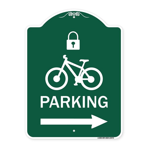 Parking W/ Lock Cycle & Right Arrow, Green & White Aluminum Sign, 18" x 24", GW-1824-23473